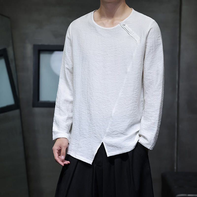 Buddha Stones Einfarbige, lockere Langarm-Herrenhemden aus Baumwolle mit Rundhalsausschnitt - image 2