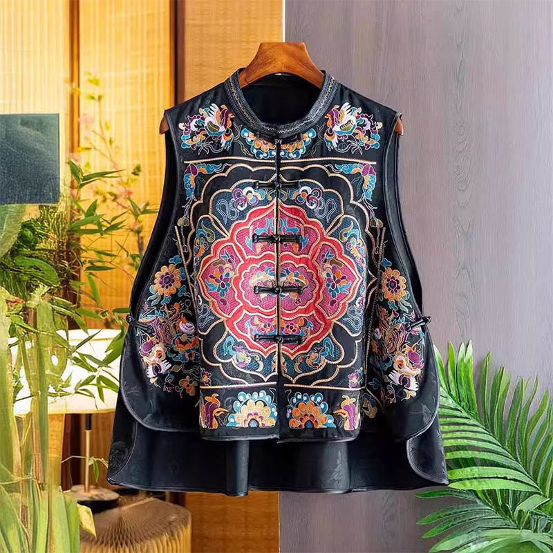 Buddha Stones Vintage Stickerei Bunte Wolke Blume Muster Weste - Schwarz - US12, UK/AU16,EU44 (3XL) - image 1