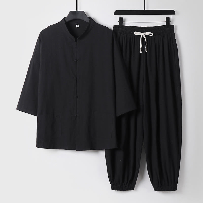 Buddha Stones Dreiviertelärmel Kurze Pumphose Baumwolloberteil Hose Kleidung Herrenset - Schwarz - US/ UK/AU50,EU60 (7XL) - image 4