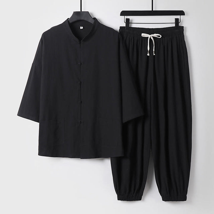 Buddha Stones Dreiviertelärmel Kurze Pumphose Baumwolloberteil Hose Kleidung Herrenset - Schwarz - US/ UK/AU50,EU60 (7XL) - image 4