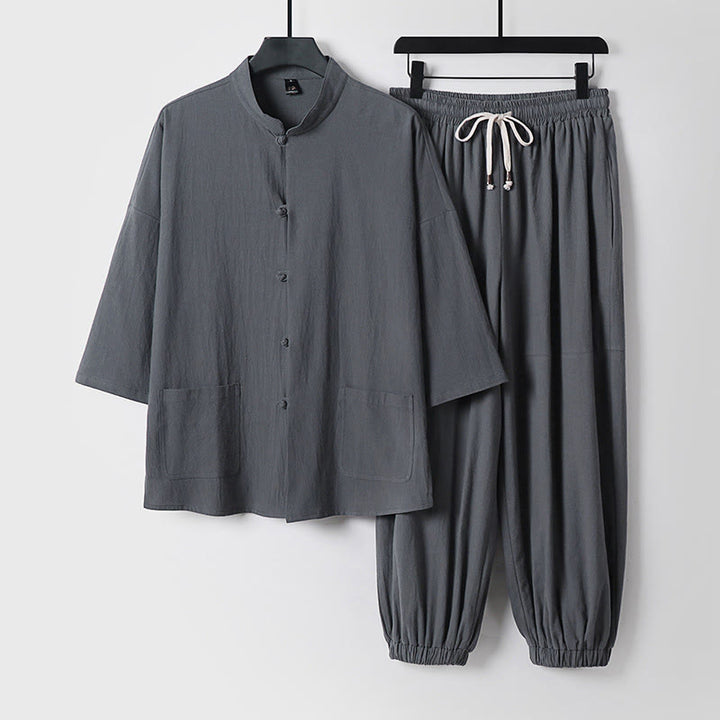 Buddha Stones Dreiviertelärmel Kurze Pumphose Baumwolloberteil Hose Kleidung Herrenset - Grau - US/ UK/AU50,EU60 (7XL) - image 0