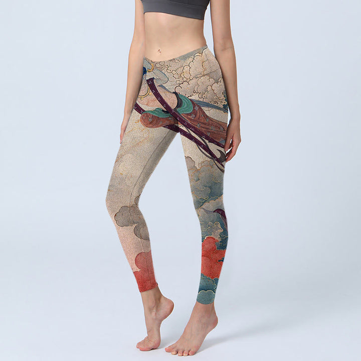Buddha Stones Dunhuang Fliegende Apsaras Glückverheißende Wolken Print Fitness Leggings Damen Yogahose - Bräunen - US18, UK/AU22,EU50 (4XL) - image 1