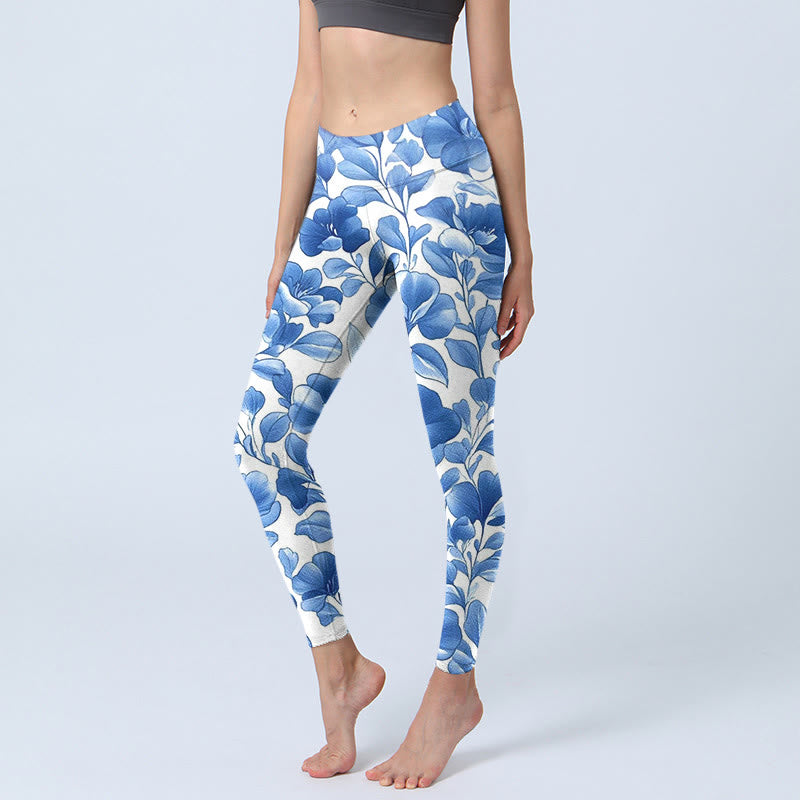 Buddha Stones Blau Blumen Print Fitness Leggings Damen Yogahose - HellHimmelBlau - US18, UK/AU22,EU50 (4XL) - image 1
