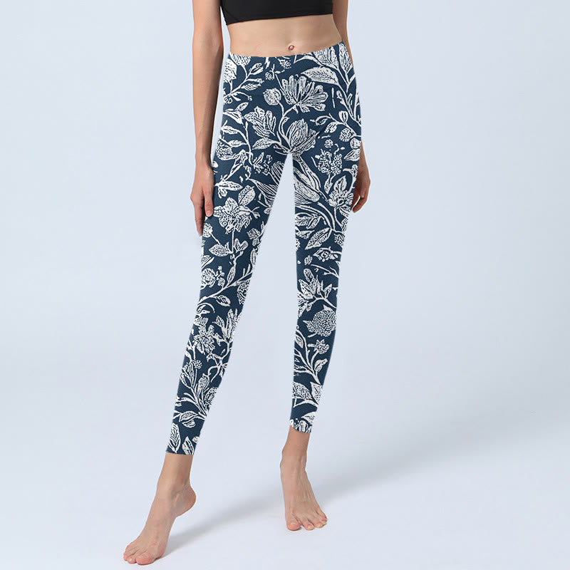 Buddha Stones Dunkelblau Blumendruck Fitness Leggings Damen Yogahose - image 6
