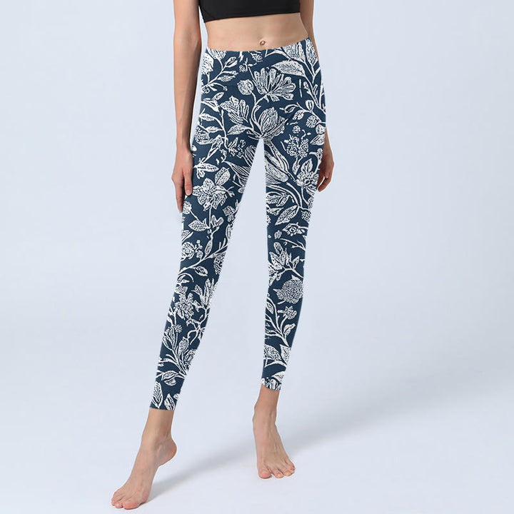 Buddha Stones Dunkelblau Blumendruck Fitness Leggings Damen Yogahose - image 6