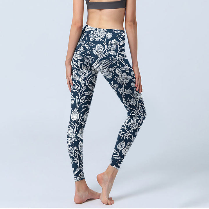 Buddha Stones Dunkelblau Blumendruck Fitness Leggings Damen Yogahose - image 5