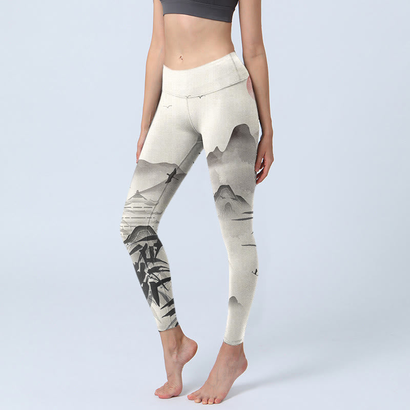 Buddha Stones Tinte Bambus Berge Druck Gym Leggings Frauen Yoga Hosen - Elfenbein - US18, UK/AU22,EU50 (4XL) - image 1