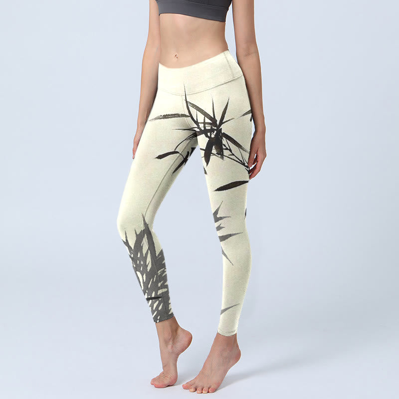 Buddha Stones, Tuschmalerei, Bambusblätter-Druck, Sport-Leggings, Damen-Yogahose - Maisseide - US18, UK/AU22,EU50 (4XL) - image 1