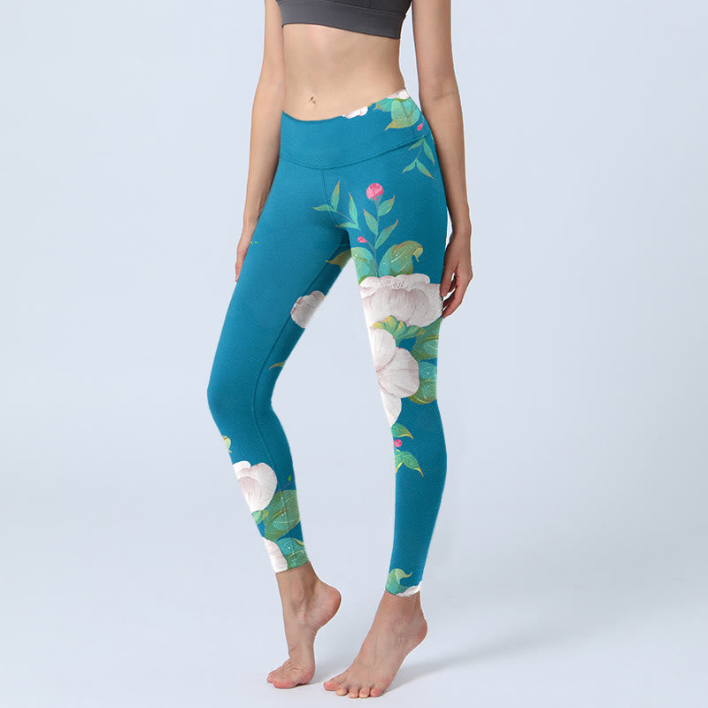 Buddha Stones Blau Weiß Blumen Blätter Druck Sport Leggings frauen Yoga Hosen - DeepSkyBlue - US18, UK/AU22,EU50 (4XL) - image 1