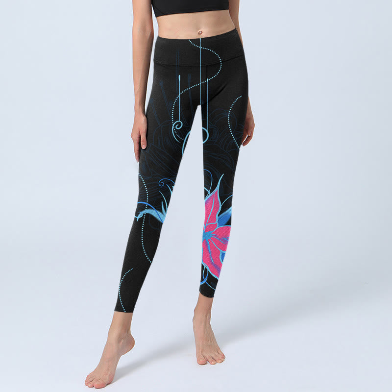 Buddha Stones Schwarz Rosa Blau Blumen Print Fitness Leggings Damen Yogahose - image 7
