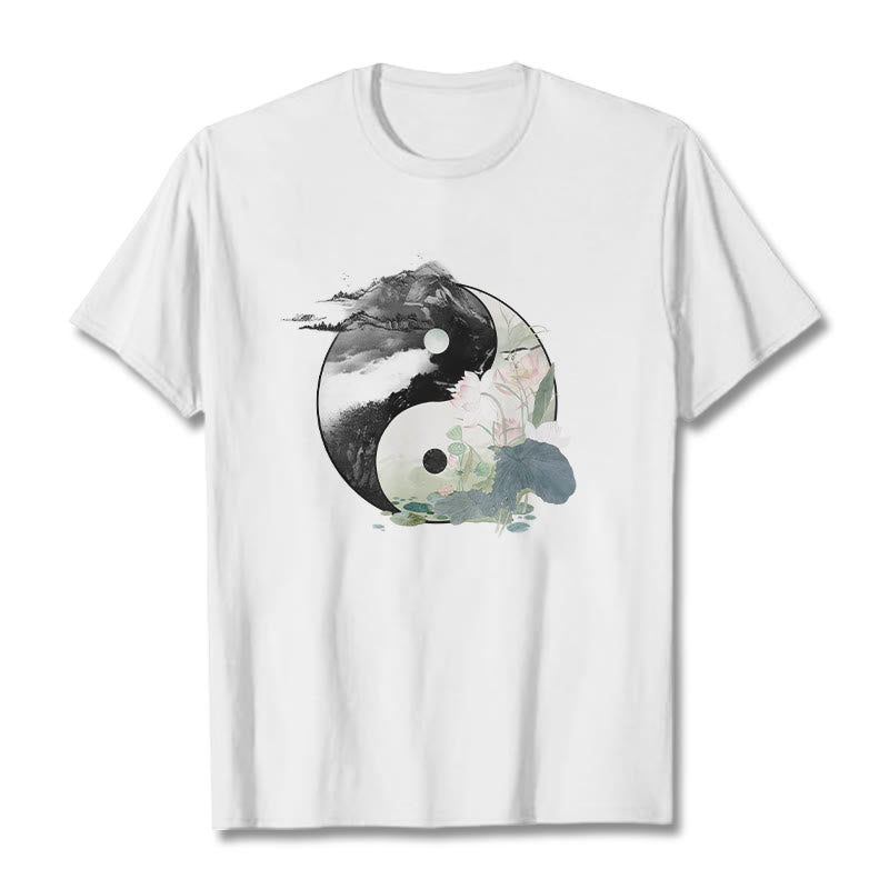 Buddha Stones Yin Yang Lotus Blatt Tinte Malerei Baumwolle T-shirt - Weiß - 2XL - image 9