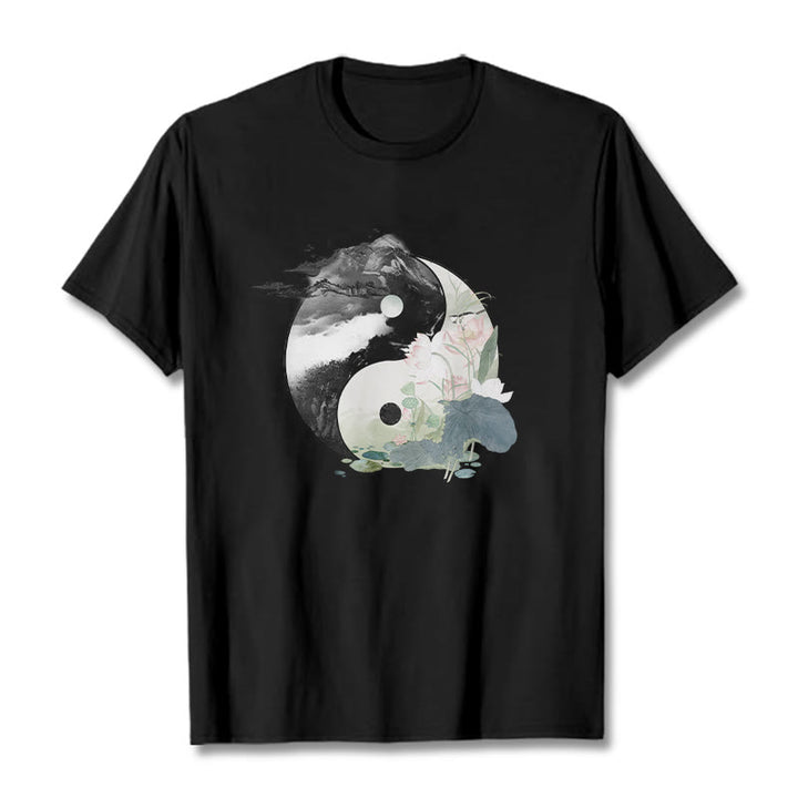 Buddha Stones Yin Yang Lotus Blatt Tinte Malerei Baumwolle T-shirt - Schwarz - 2XL - image 1