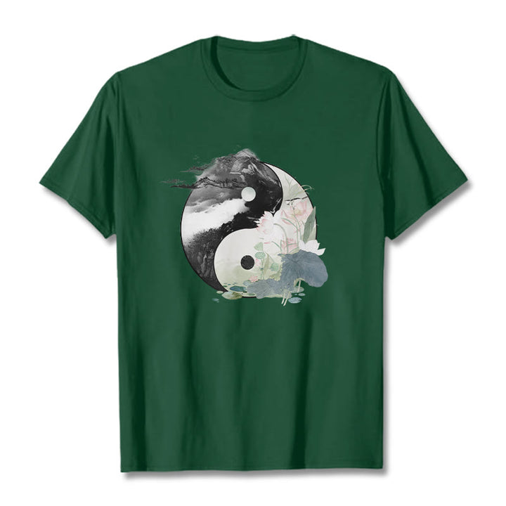 Buddha Stones Yin Yang Lotus Blatt Tinte Malerei Baumwolle T-shirt - WaldGrün - 2XL - image 7