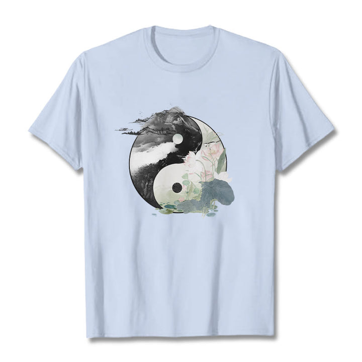 Buddha Stones Yin Yang Lotus Blatt Tinte Malerei Baumwolle T-shirt - HellCyan - 2XL - image 13
