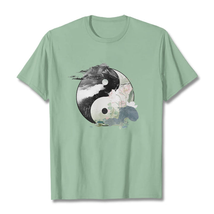 Buddha Stones Yin Yang Lotus Blatt Tinte Malerei Baumwolle T-shirt - Blassgrün - 2XL - image 16