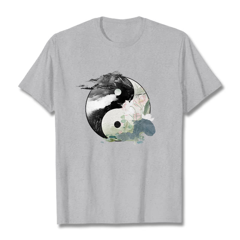 Buddha Stones Yin Yang Lotus Blatt Tinte Malerei Baumwolle T-shirt - Hellgrau - 2XL - image 12
