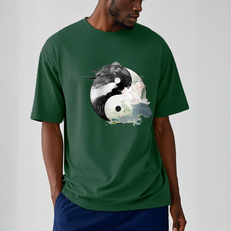 Buddha Stones Yin Yang Lotus Blatt Tinte Malerei Baumwolle T-shirt - image 8