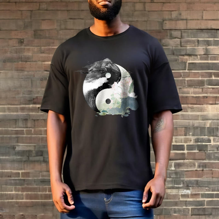 Buddha Stones Yin Yang Lotus Blatt Tinte Malerei Baumwolle T-shirt - image 4