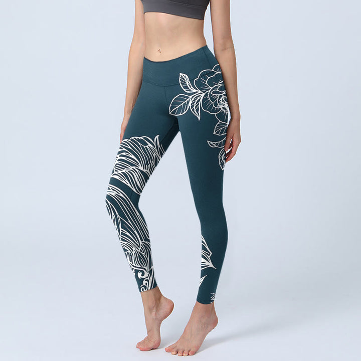 Buddha Stones Pfingstrose Epiphyllum Blumen Druck Gym Fitness Leggings Damen Yogahose - Stahlblau - US18, UK/AU22,EU50 (4XL) - image 1