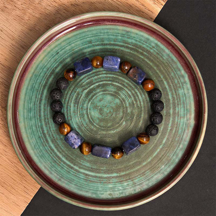 Buddha Stones, verschiedene Kristalle, Würfel, Amethyst, Lavastein, Stützarmband