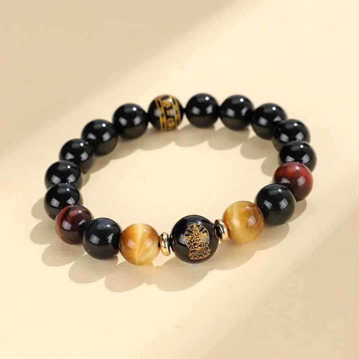 Buddha Stones , schwarzer Onyx, Tigerauge, Om Mani Padme Hum, chinesisches Sternzeichen, Geburts-Buddha-Stützarmband