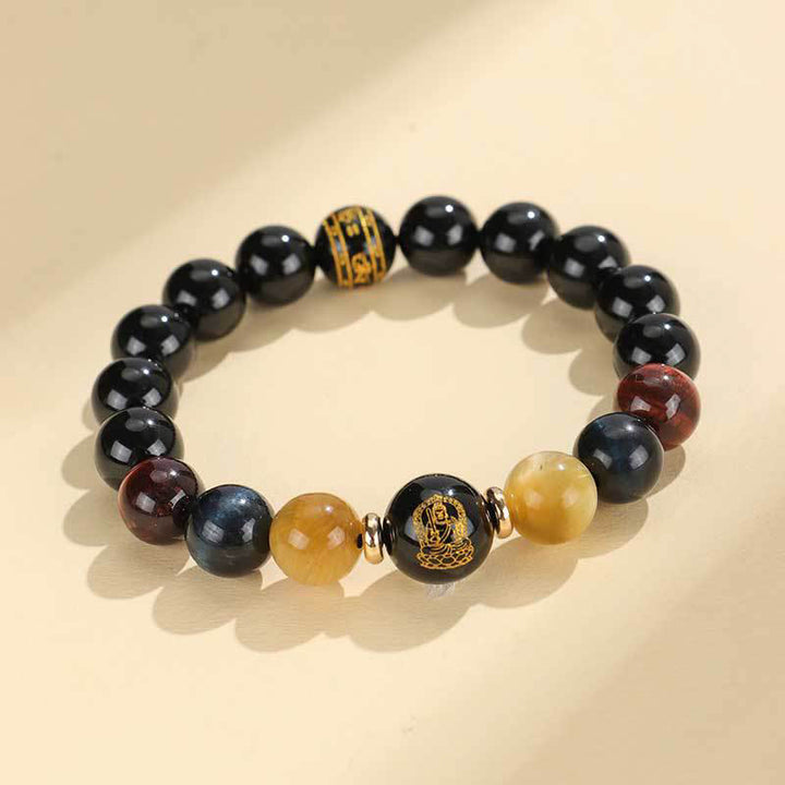 Buddha Stones , schwarzer Onyx, Tigerauge, Om Mani Padme Hum, chinesisches Sternzeichen, Geburts-Buddha-Stützarmband