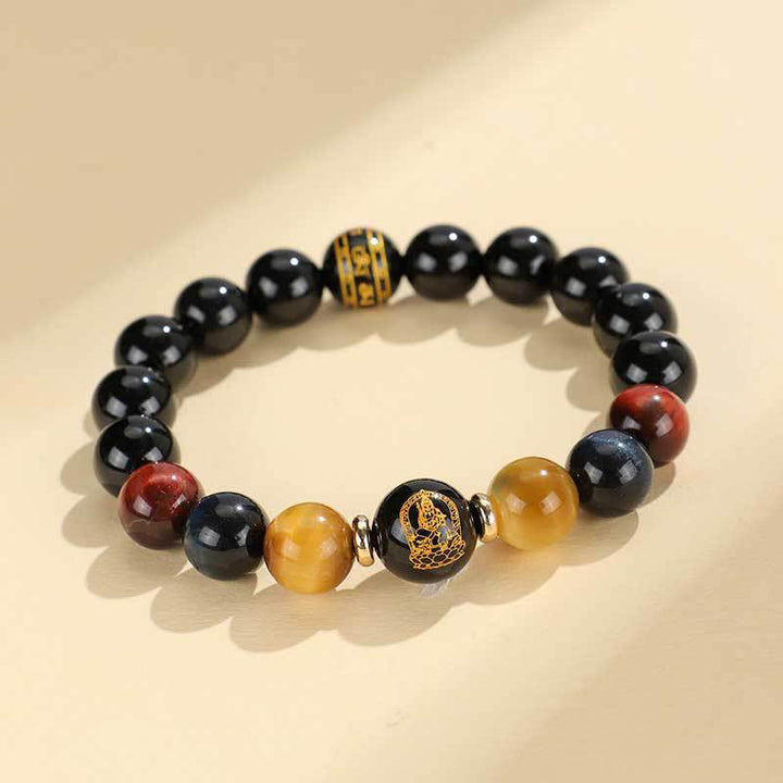Buddha Stones , schwarzer Onyx, Tigerauge, Om Mani Padme Hum, chinesisches Sternzeichen, Geburts-Buddha-Stützarmband