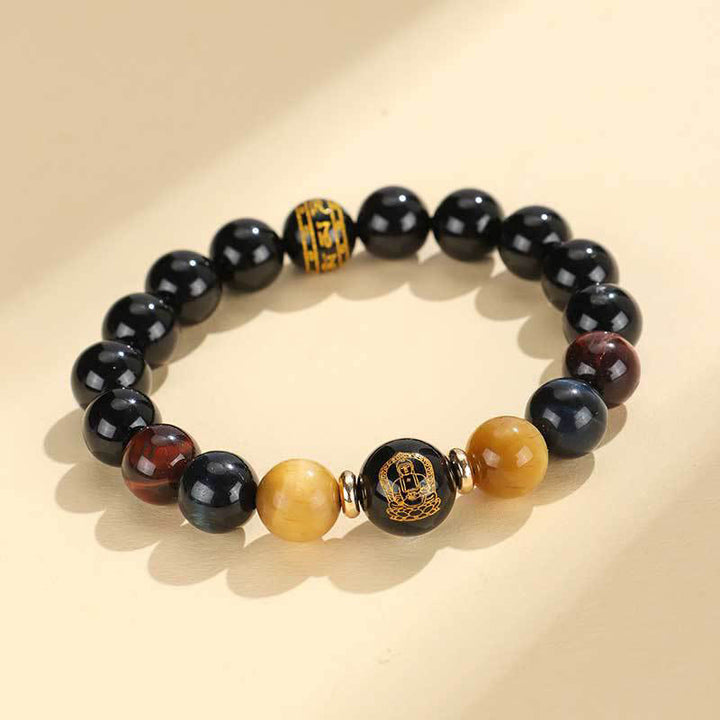 Buddha Stones , schwarzer Onyx, Tigerauge, Om Mani Padme Hum, chinesisches Sternzeichen, Geburts-Buddha-Stützarmband