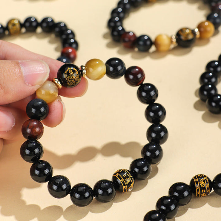 Buddha Stones , schwarzer Onyx, Tigerauge, Om Mani Padme Hum, chinesisches Sternzeichen, Geburts-Buddha-Stützarmband