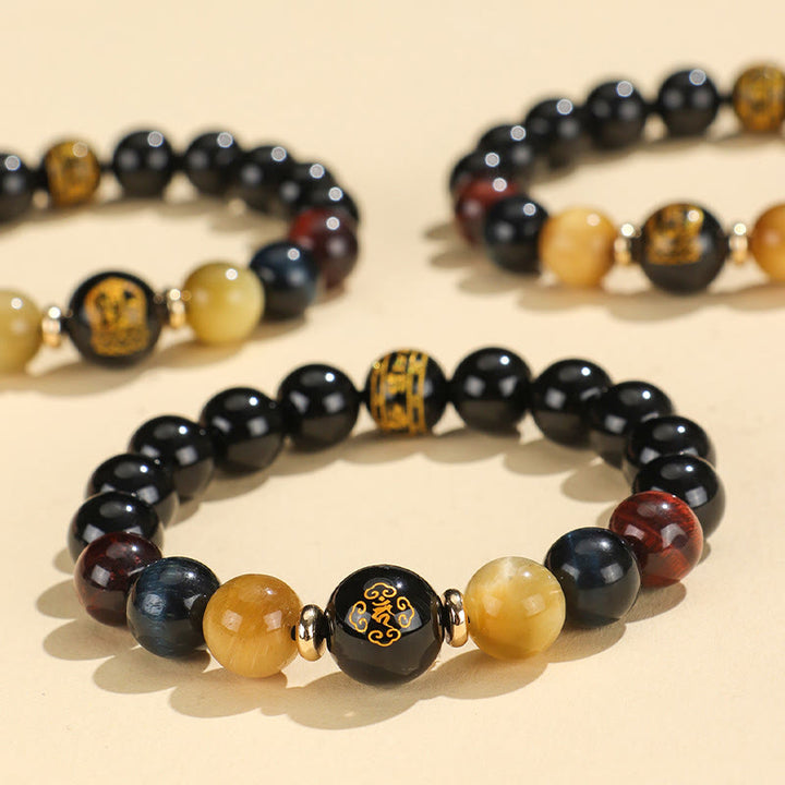 Buddha Stones , schwarzer Onyx, Tigerauge, Om Mani Padme Hum, chinesisches Sternzeichen, Geburts-Buddha-Stützarmband