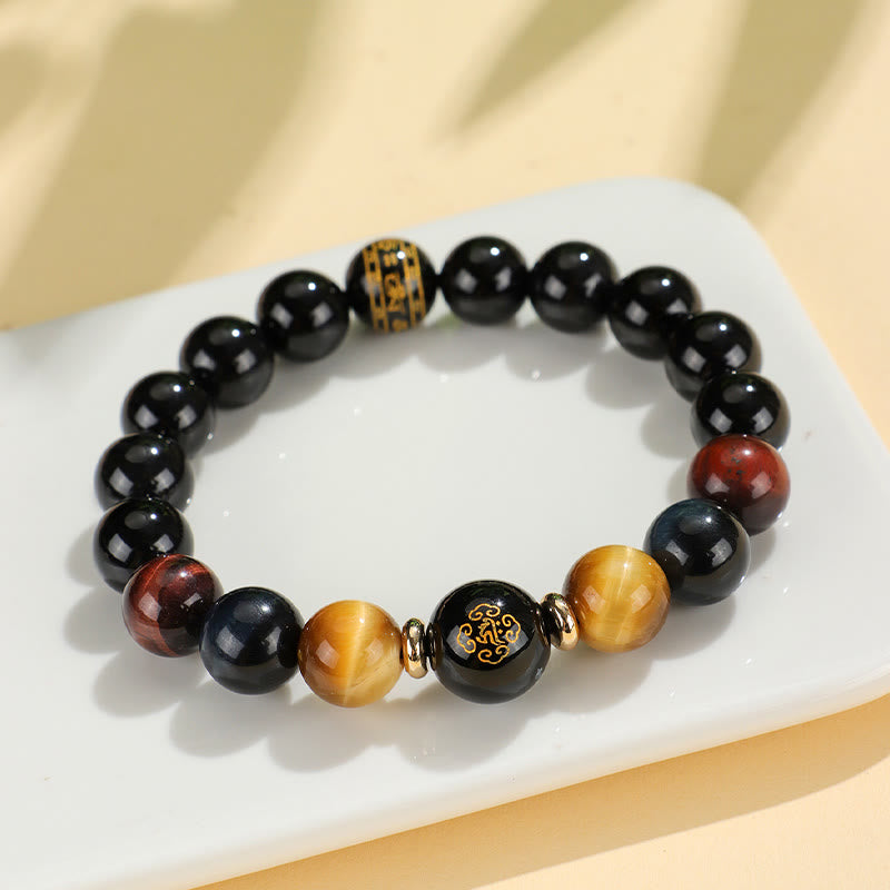 Buddha Stones , schwarzer Onyx, Tigerauge, Om Mani Padme Hum, chinesisches Sternzeichen, Geburts-Buddha-Stützarmband
