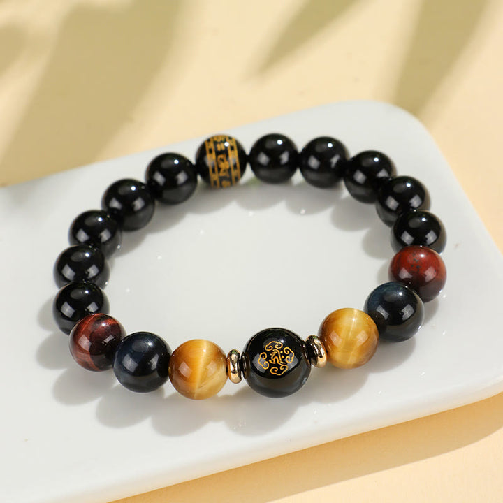 Buddha Stones , schwarzer Onyx, Tigerauge, Om Mani Padme Hum, chinesisches Sternzeichen, Geburts-Buddha-Stützarmband