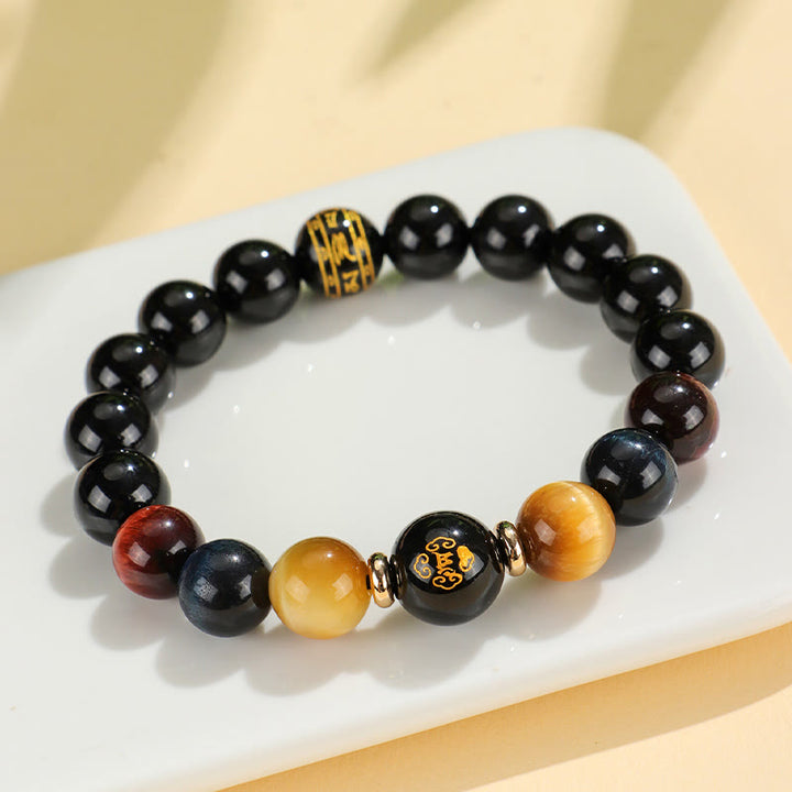 Buddha Stones , schwarzer Onyx, Tigerauge, Om Mani Padme Hum, chinesisches Sternzeichen, Geburts-Buddha-Stützarmband