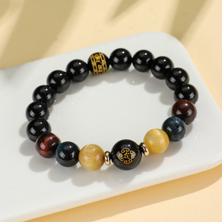 Buddha Stones , schwarzer Onyx, Tigerauge, Om Mani Padme Hum, chinesisches Sternzeichen, Geburts-Buddha-Stützarmband
