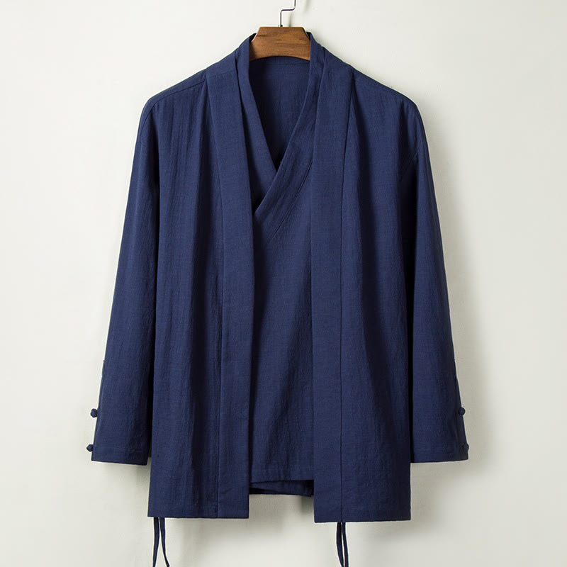 Buddha Stones Herbst Chinesische Hanfu Baumwolle Leinen Männer Jacke Kleidung - Stahlblau - US/ UK/AU44,EU54 (4XL) - image 0