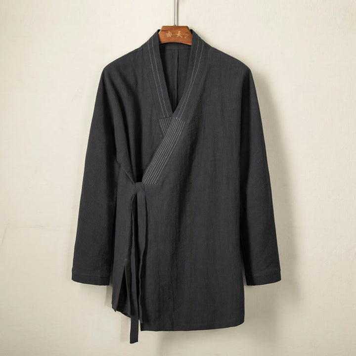 Buddha Stones Simple Herbst Schnürer Baumwolle Leinen Herren Jacke Mantel Zen Kleidung - Schwarz - US/ UK/AU44,EU54 (4XL) - image 0