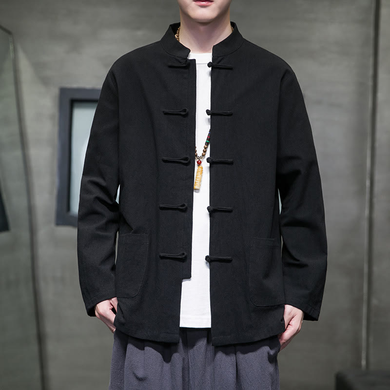 Buddha Stones Simple Frog-Button Chinesischer Tang-Anzug Baumwolle Herren Jacke Hemd mit Taschen - Schwarz - US/ UK/AU46,EU56 (5XL) - image 44