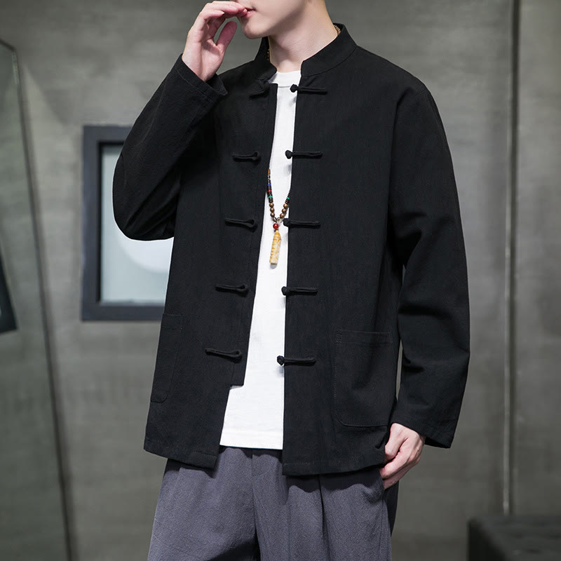 Buddha Stones Simple Frog-Button Chinesischer Tang-Anzug Baumwolle Herren Jacke Hemd mit Taschen - image 47