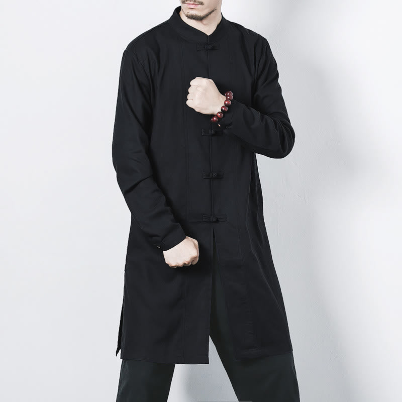 Buddha Stones Fall Simple Frog-Button Leinen Herren Mittellanger Mantel Zen Kleidung - Schwarz - US/ UK/AU46,EU56 (5XL) - image 16