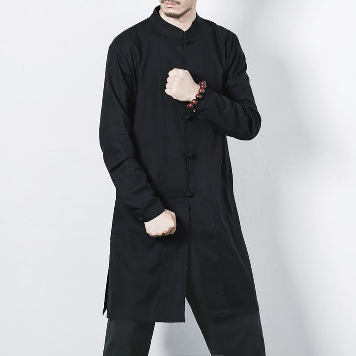 Buddha Stones Fall Simple Frog-Button Leinen Herren Mittellanger Mantel Zen Kleidung - Schwarz - US/ UK/AU46,EU56 (5XL) - image 16
