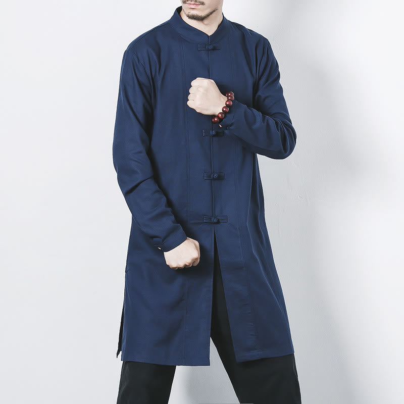 Buddha Stones Fall Simple Frog-Button Leinen Herren Mittellanger Mantel Zen Kleidung - Stahlblau - US/ UK/AU46,EU56 (5XL) - image 0