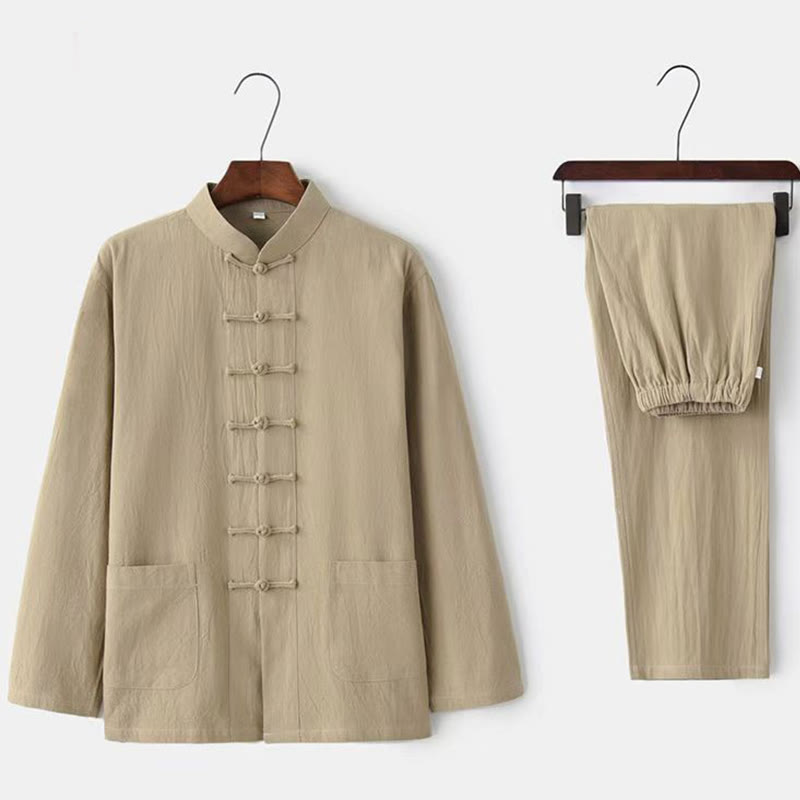 Buddha Stones 2-teiliger Tang-Anzug, traditionelle Froschknopf-Uniform, langärmeliges Hemd und Hose, Herren-Set - Beige - US/ UK/AU46,EU56 (5XL) - image 0
