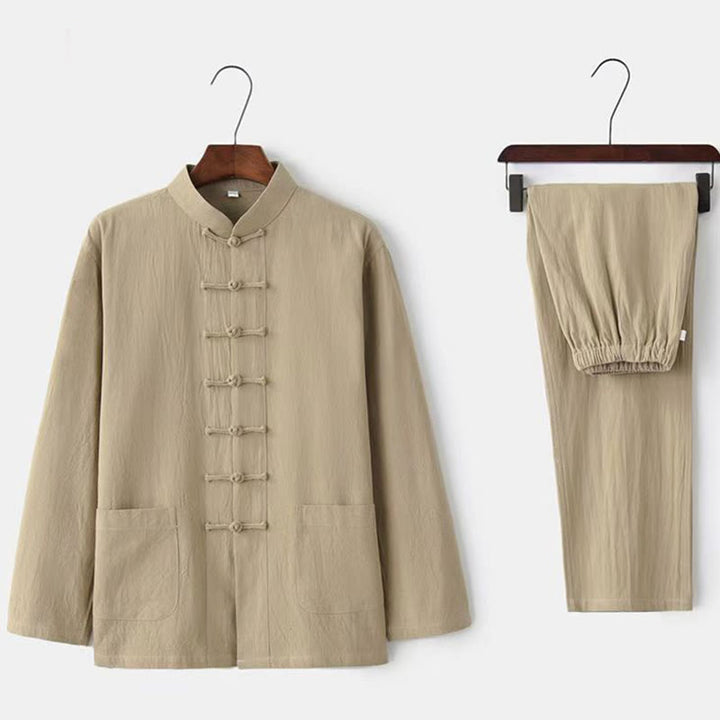 Buddha Stones 2-teiliger Tang-Anzug, traditionelle Froschknopf-Uniform, langärmeliges Hemd und Hose, Herren-Set - Beige - US/ UK/AU46,EU56 (5XL) - image 0
