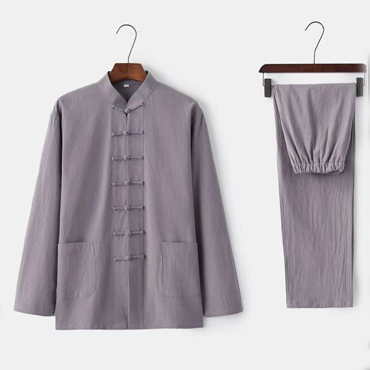 Buddha Stones 2-teiliger Tang-Anzug, traditionelle Froschknopf-Uniform, langärmeliges Hemd und Hose, Herren-Set - Gainsboro - US/ UK/AU46,EU56 (5XL) - image 2