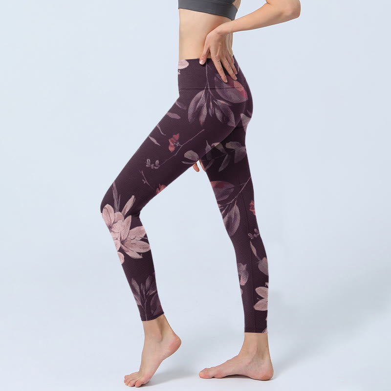Buddha Stones, lila, weiße Blumen, Blätter, Blütendruck, Fitness-Leggings für Damen, Yogahose - image 3