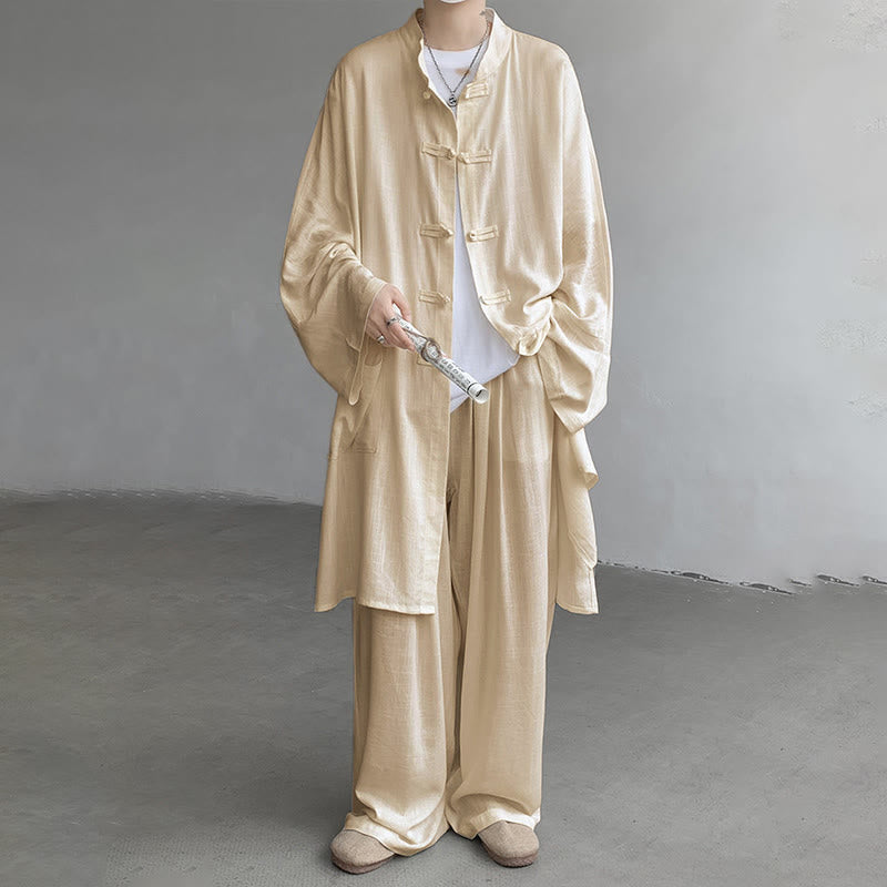 Buddha Stones 2-teiliges Herren-Kleidungsset mit langen Ärmeln und Froschknöpfen, Hemd und Hose, Meditation, Zen, Baumwolle - image 2