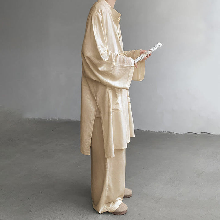 Buddha Stones 2-teiliges Herren-Kleidungsset mit langen Ärmeln und Froschknöpfen, Hemd und Hose, Meditation, Zen, Baumwolle - image 3