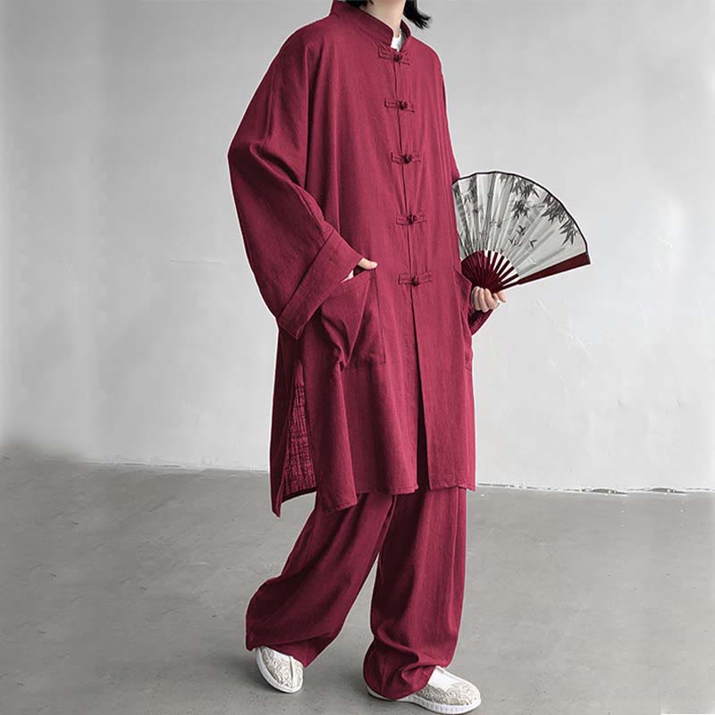 Buddha Stones 2-teiliges Herren-Kleidungsset mit langen Ärmeln und Froschknöpfen, Hemd und Hose, Meditation, Zen, Baumwolle - Schamottestein - US/ UK/AU46,EU56 (5XL) - image 18