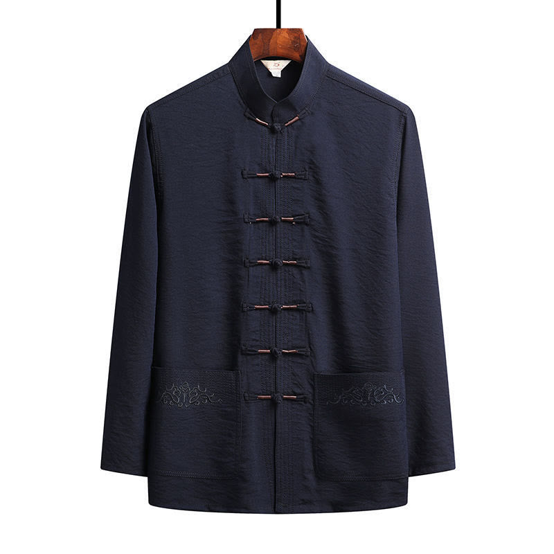 Buddha Stones 2-teiliger schlichter Tang-Anzug für Herren mit Froschknöpfen, langärmeliges Hemd und Hose - Stahlblau - Hemd - US/ UK/AU44,EU54 (4XL) - image 1