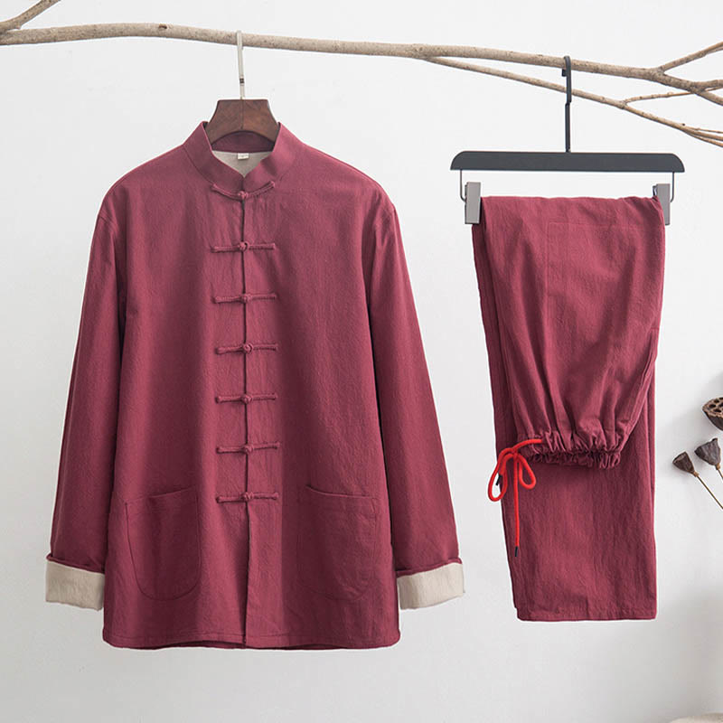 Buddha Stones 2-teiliger Zen-Tang-Anzug für Herren aus Leinen mit Froschknöpfen, langärmeliges Hemd und Hose - Schamottestein - US/ UK/AU44,EU54 (4XL) - image 18